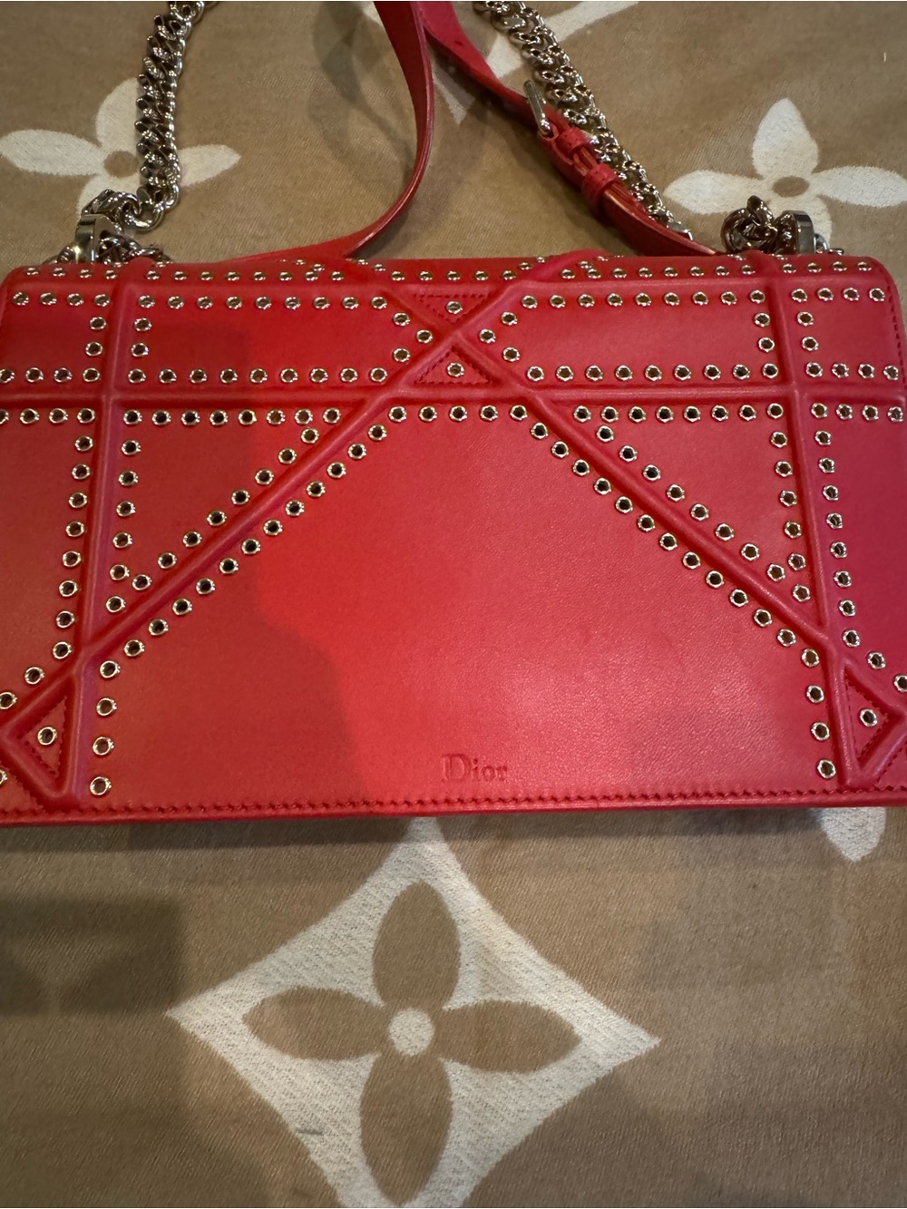 Dior Red Studded Leather Shoulder Bag with Chain Strap - Picture 4 of 5